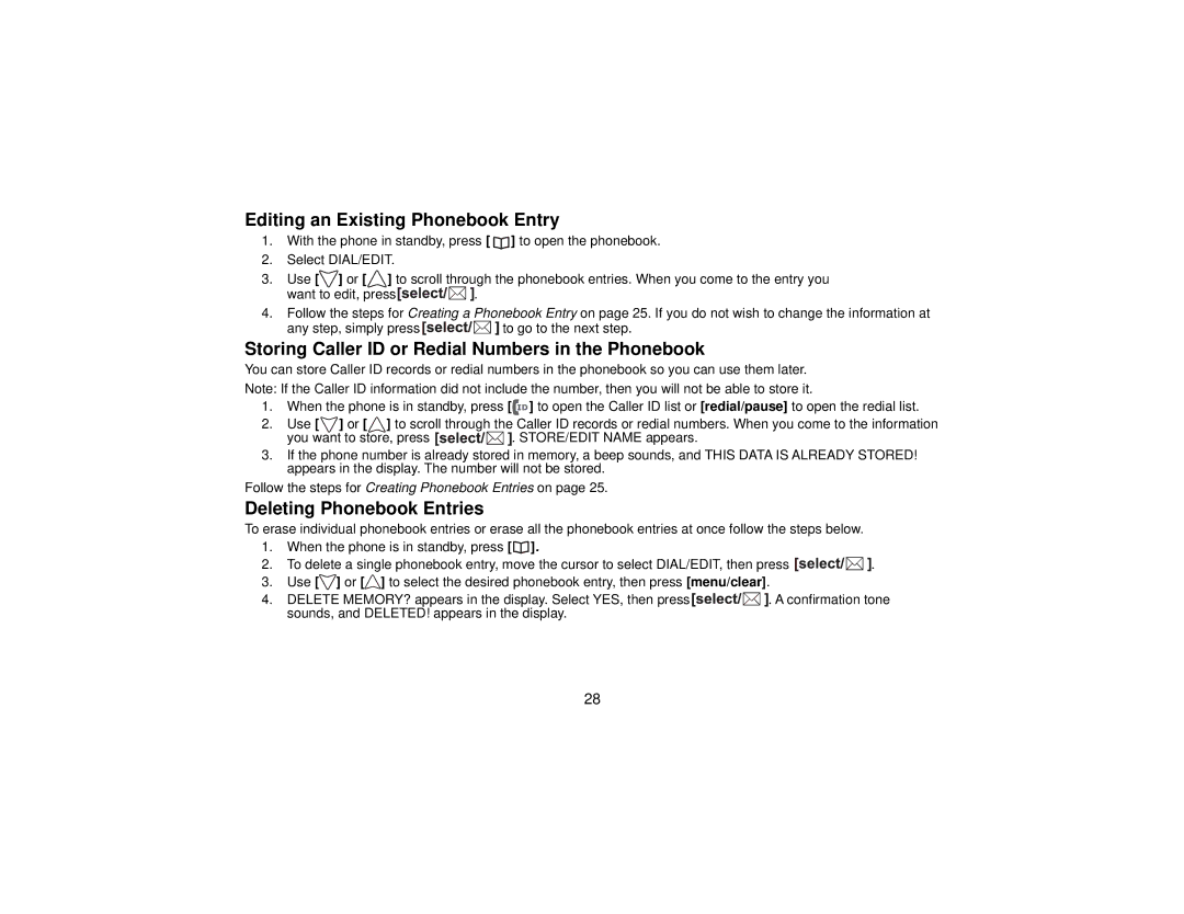 Uniden DCT7565 manual Editing an Existing Phonebook Entry, Storing Caller ID or Redial Numbers in the Phonebook 