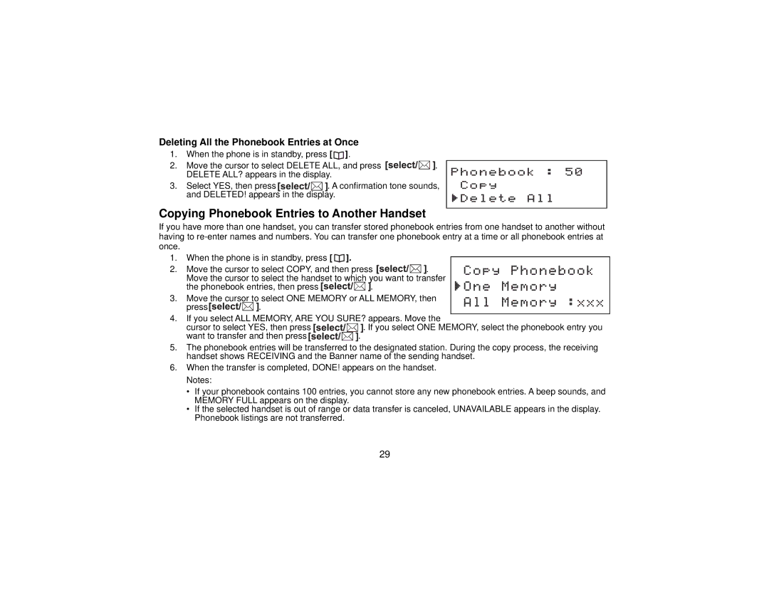 Uniden DCT7565 manual Copying Phonebook Entries to Another Handset, Deleting All the Phonebook Entries at Once 