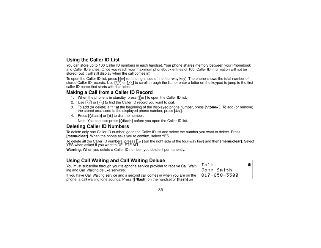 Uniden DCT7565 manual Using the Caller ID List, Making a Call from a Caller ID Record, Deleting Caller ID Numbers 