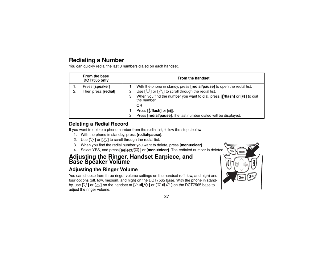 Uniden DCT756 Redialing a Number, Adjusting the Ringer, Handset Earpiece, Base Speaker Volume, Deleting a Redial Record 