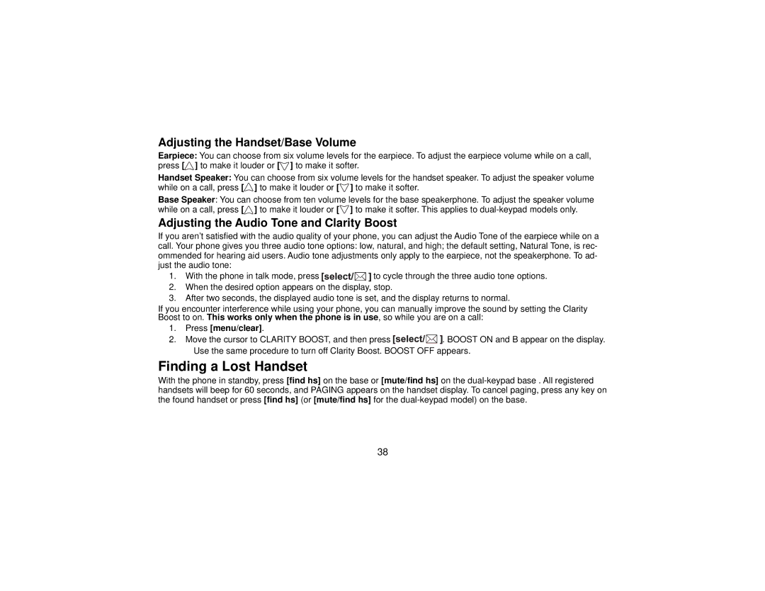 Uniden DCT7565 manual Finding a Lost Handset, Adjusting the Handset/Base Volume, Adjusting the Audio Tone and Clarity Boost 