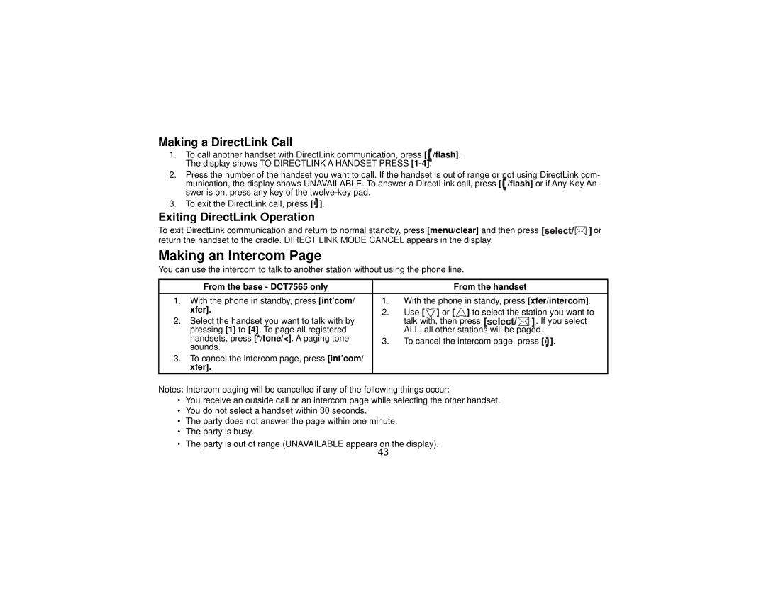 Uniden DCT7565 manual Making an Intercom, Making a DirectLink Call, Exiting DirectLink Operation, Xfer 