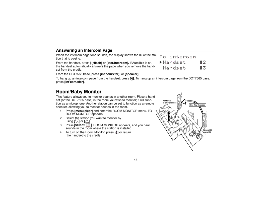 Uniden DCT7565 manual Room/Baby Monitor, Answering an Intercom 