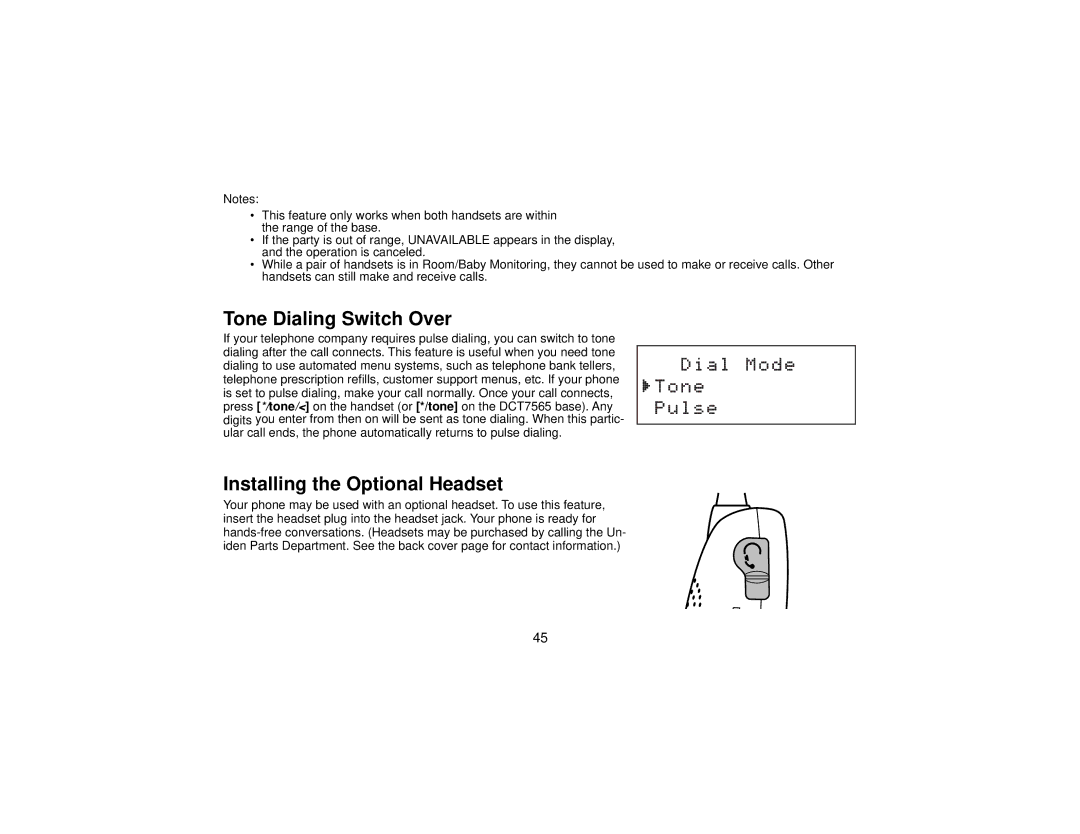 Uniden DCT7565 manual Tone Dialing Switch Over, Installing the Optional Headset 