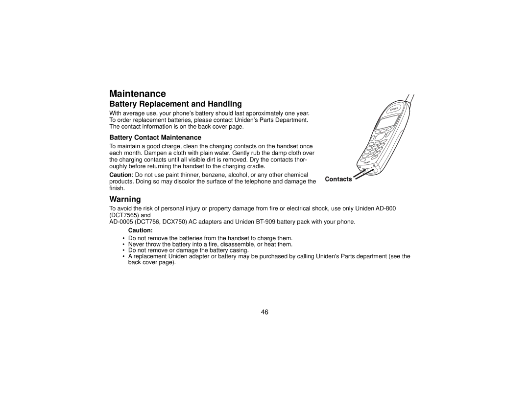 Uniden DCT7565 manual Battery Replacement and Handling, Battery Contact Maintenance 