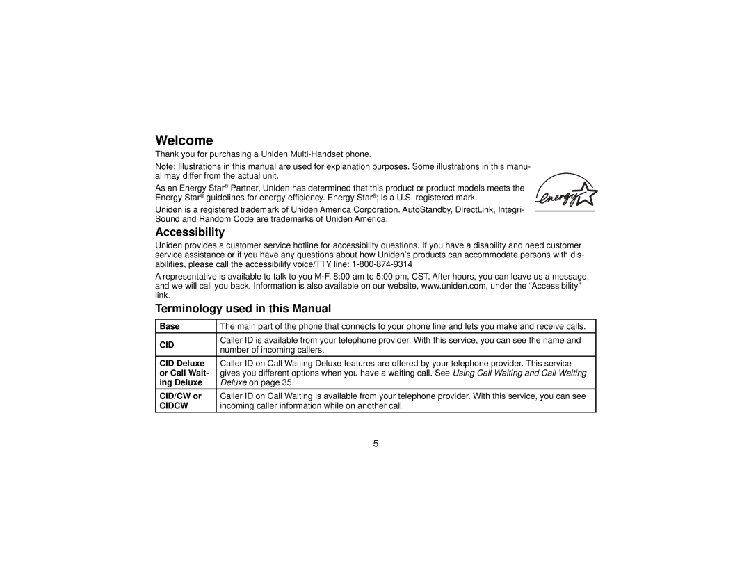 Uniden DCT7565 manual Welcome, Accessibility, Terminology used in this Manual 