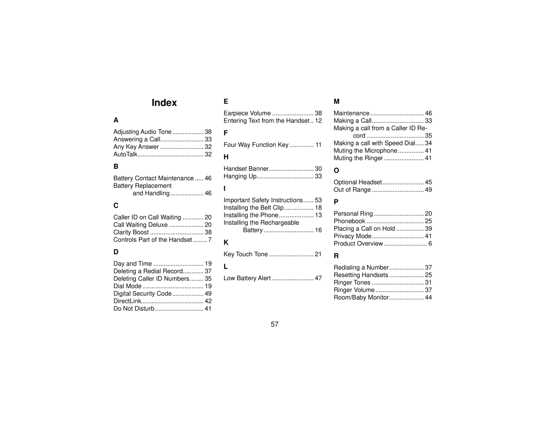 Uniden DCT7565 manual Index 