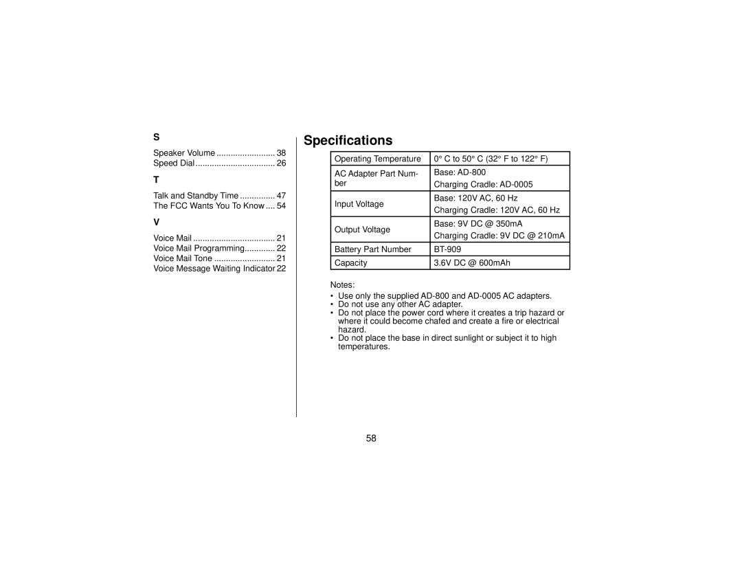 Uniden DCT7565 manual Speciﬁcations 