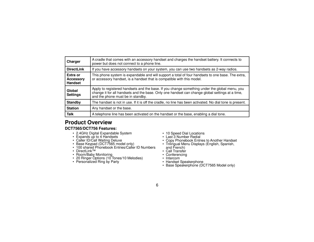 Uniden manual Product Overview, DCT7565/DCT756 Features 