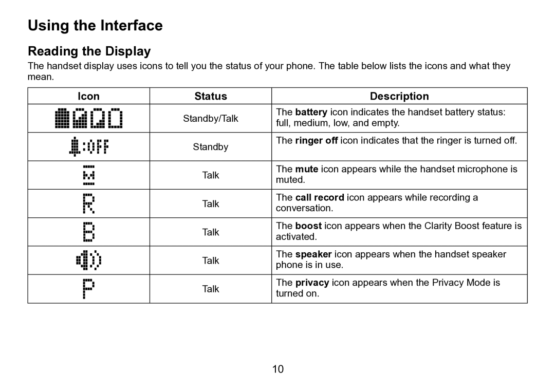 Uniden DCT758 manual Using the Interface, Reading the Display, Icon Status Description 