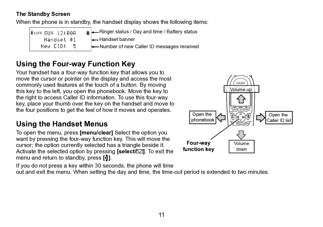 Uniden DCT758 manual Using the Four-way Function Key, Using the Handset Menus, Standby Screen 