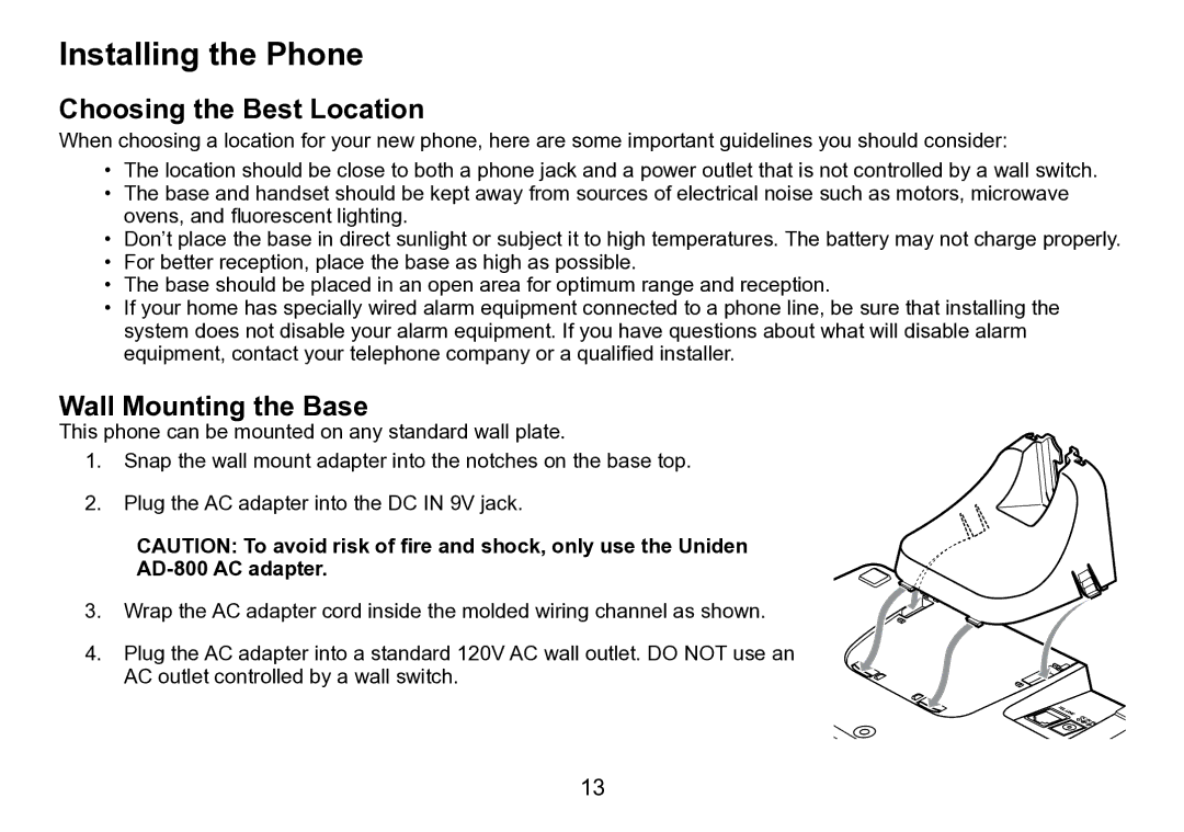 Uniden DCT758 manual Installing the Phone, Choosing the Best Location, Wall Mounting the Base, AD-800 AC adapter 