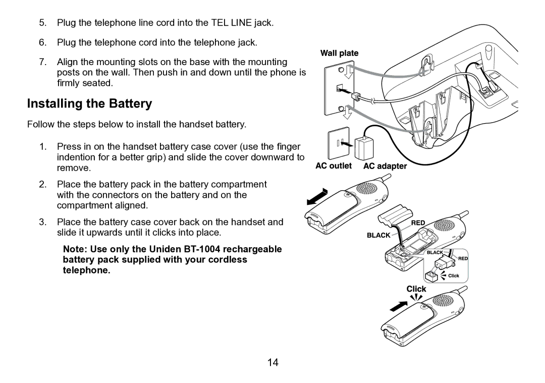 Uniden DCT758 manual Installing the Battery 