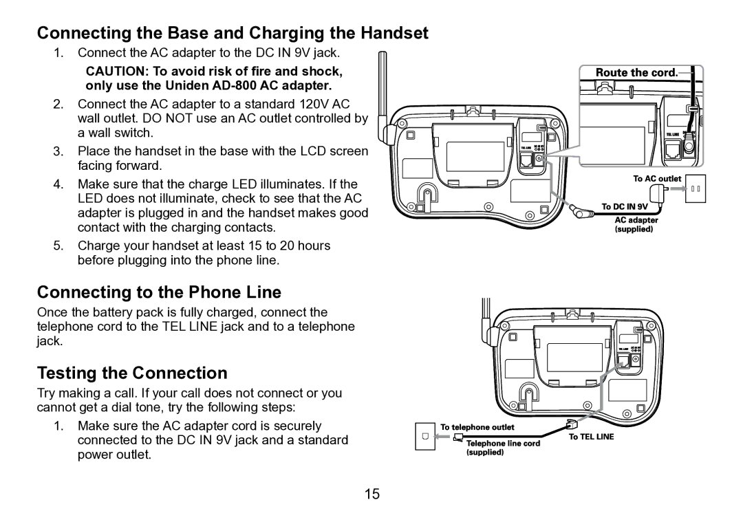 Uniden DCT758 manual Connecting the Base and Charging the Handset, Connecting to the Phone Line, Testing the Connection 