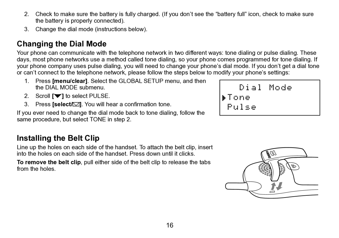 Uniden DCT758 manual Changing the Dial Mode, Installing the Belt Clip 