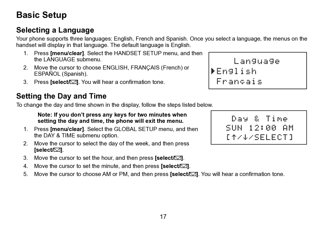 Uniden DCT758 manual Basic Setup, Selecting a Language, Setting the Day and Time 