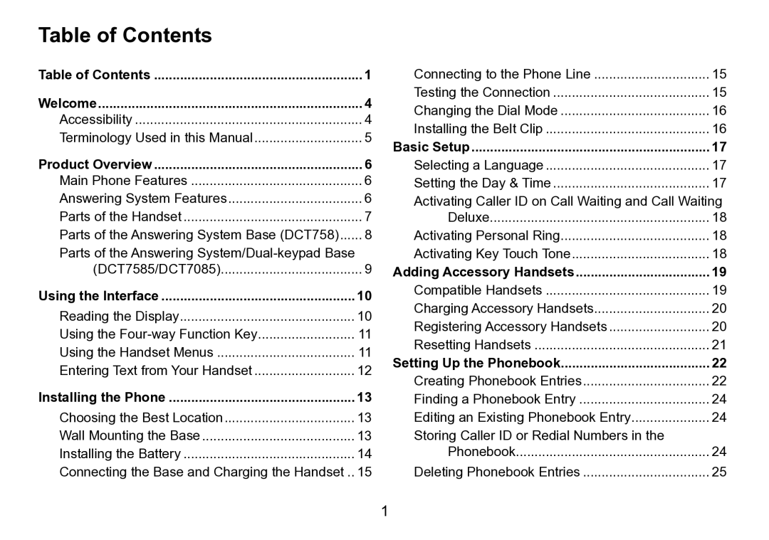 Uniden DCT758 manual Table of Contents 