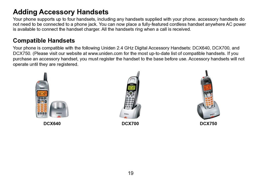 Uniden DCT758 manual Adding Accessory Handsets, Compatible Handsets, DCX640 DCX700 DCX750 