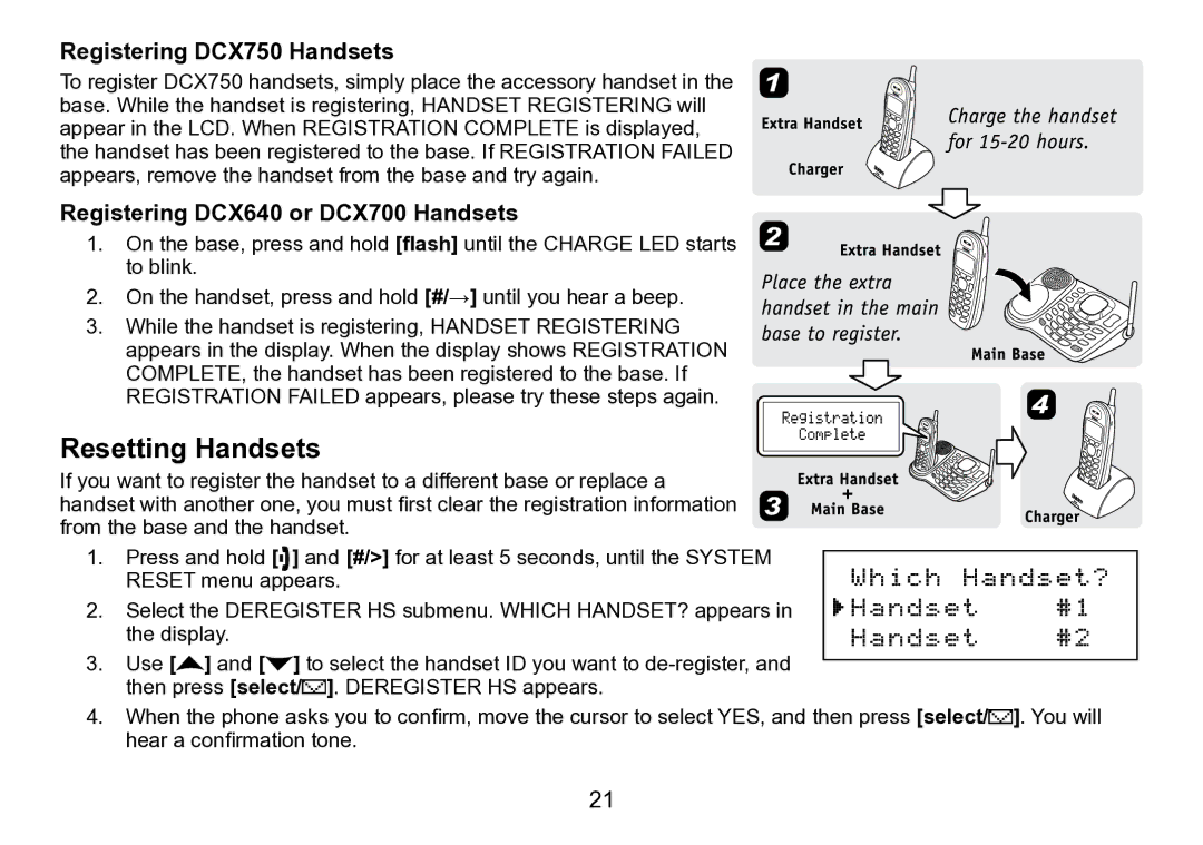 Uniden DCT758 manual Resetting Handsets, Registering DCX750 Handsets, Registering DCX640 or DCX700 Handsets 