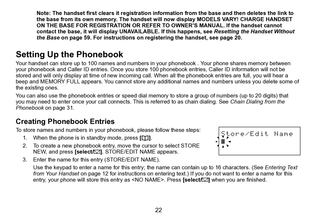 Uniden DCT758 manual Setting Up the Phonebook, Creating Phonebook Entries 