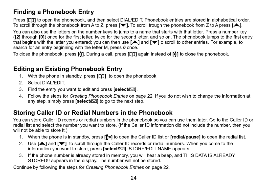 Uniden DCT758 manual Finding a Phonebook Entry, Editing an Existing Phonebook Entry 