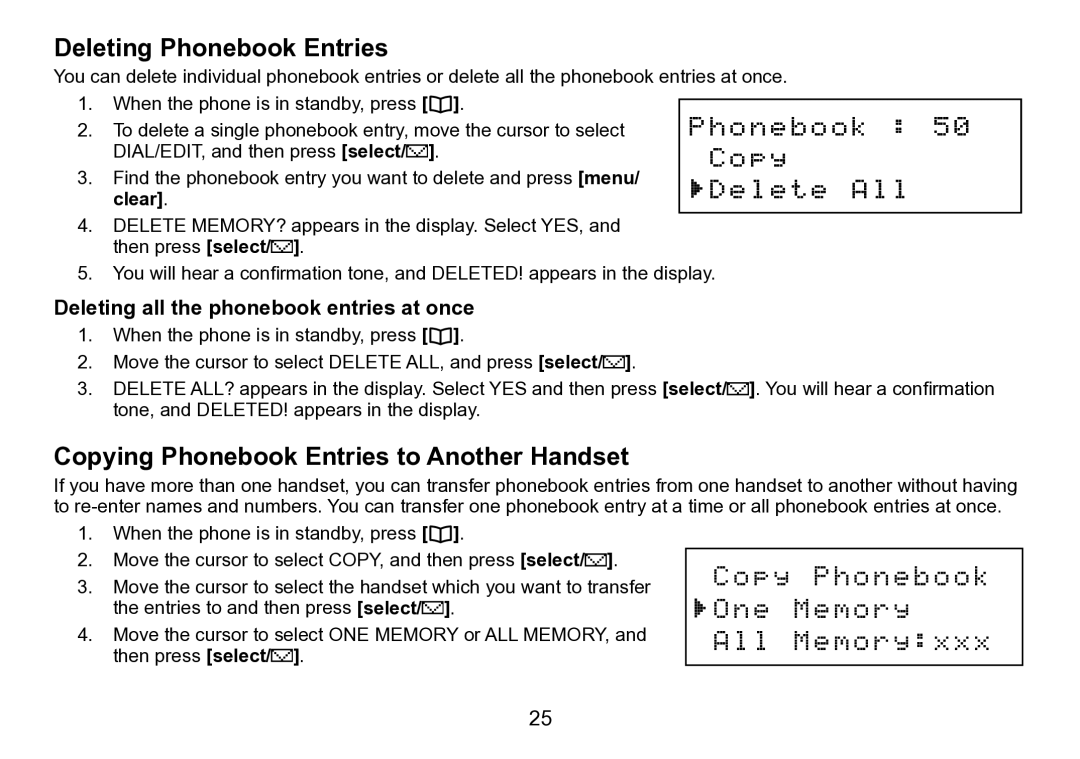 Uniden DCT758 manual Deleting Phonebook Entries, Copying Phonebook Entries to Another Handset 