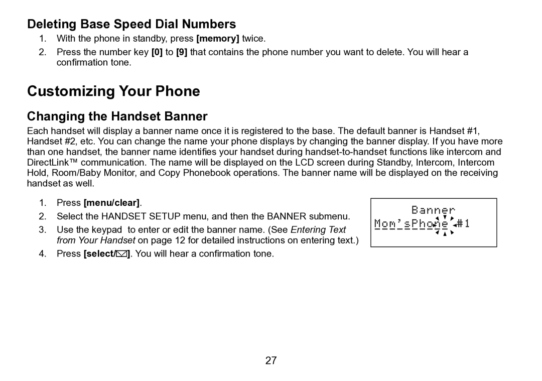 Uniden DCT758 Customizing Your Phone, Deleting Base Speed Dial Numbers, Changing the Handset Banner, . Press menu/clear 