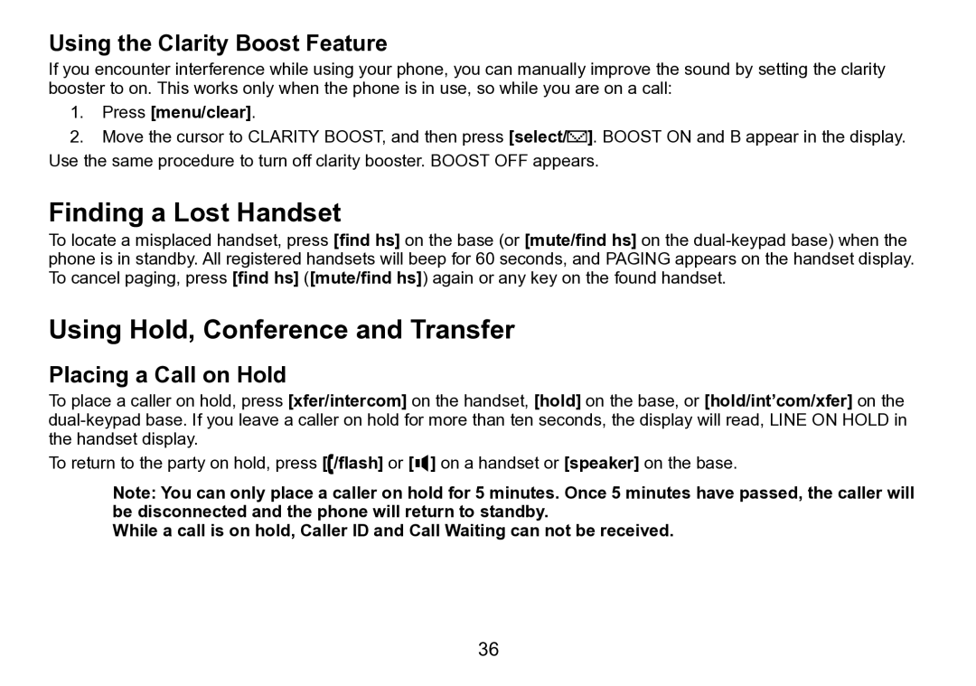 Uniden DCT758 manual Finding a Lost Handset, Using Hold, Conference and Transfer, Using the Clarity Boost Feature 