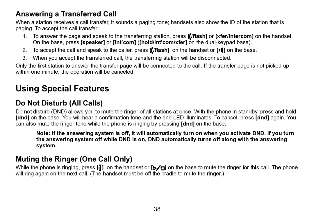 Uniden DCT758 manual Using Special Features, Answering a Transferred Call, Do Not Disturb All Calls 