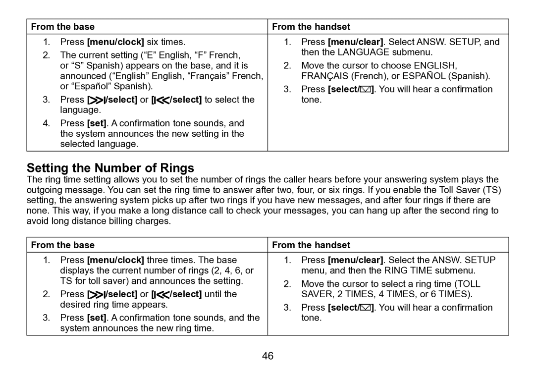 Uniden DCT758 manual Setting the Number of Rings, Press /select or /select until 