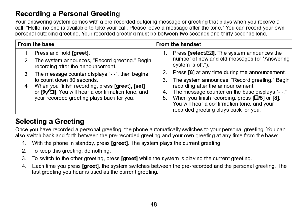 Uniden DCT758 manual Recording a Personal Greeting, Selecting a Greeting 