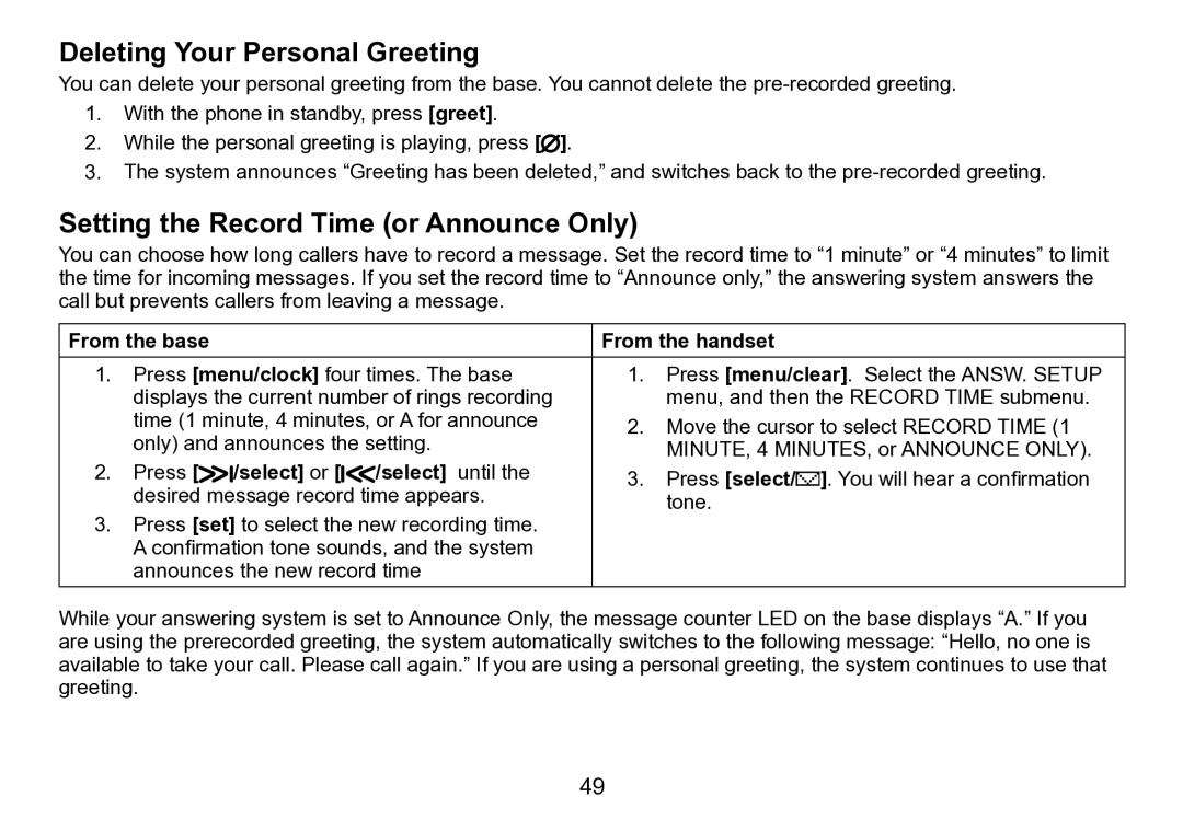 Uniden DCT758 manual Deleting Your Personal Greeting, Setting the Record Time or Announce Only 