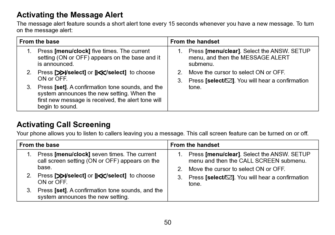 Uniden DCT758 manual Activating the Message Alert, Activating Call Screening, Press /select or /select to choose 