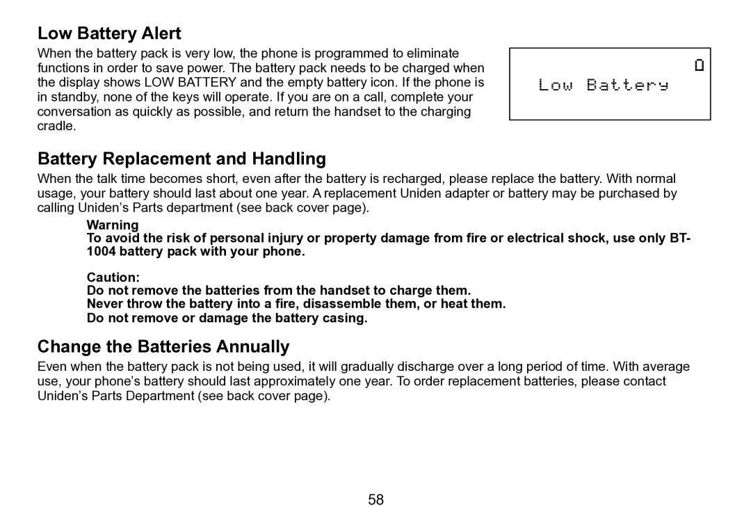 Uniden DCT758 manual Low Battery Alert, Battery Replacement and Handling, Change the Batteries Annually 