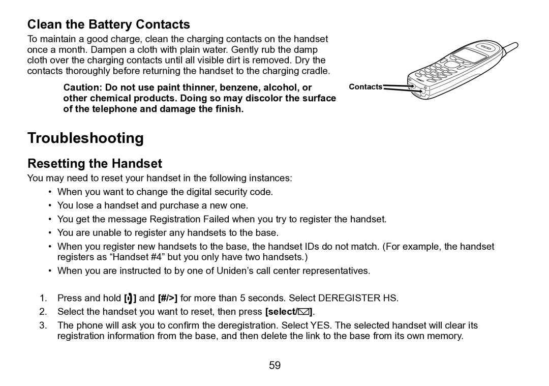 Uniden DCT758 manual Troubleshooting, Clean the Battery Contacts, Resetting the Handset 