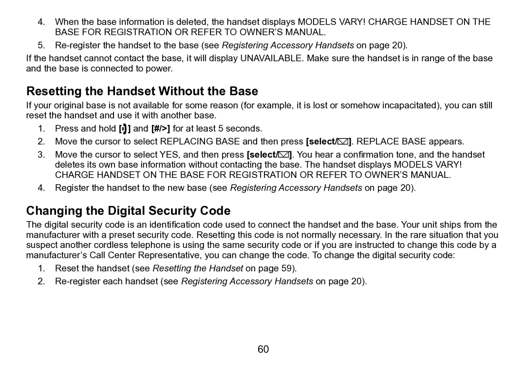 Uniden DCT758 manual Resetting the Handset Without the Base, Changing the Digital Security Code 