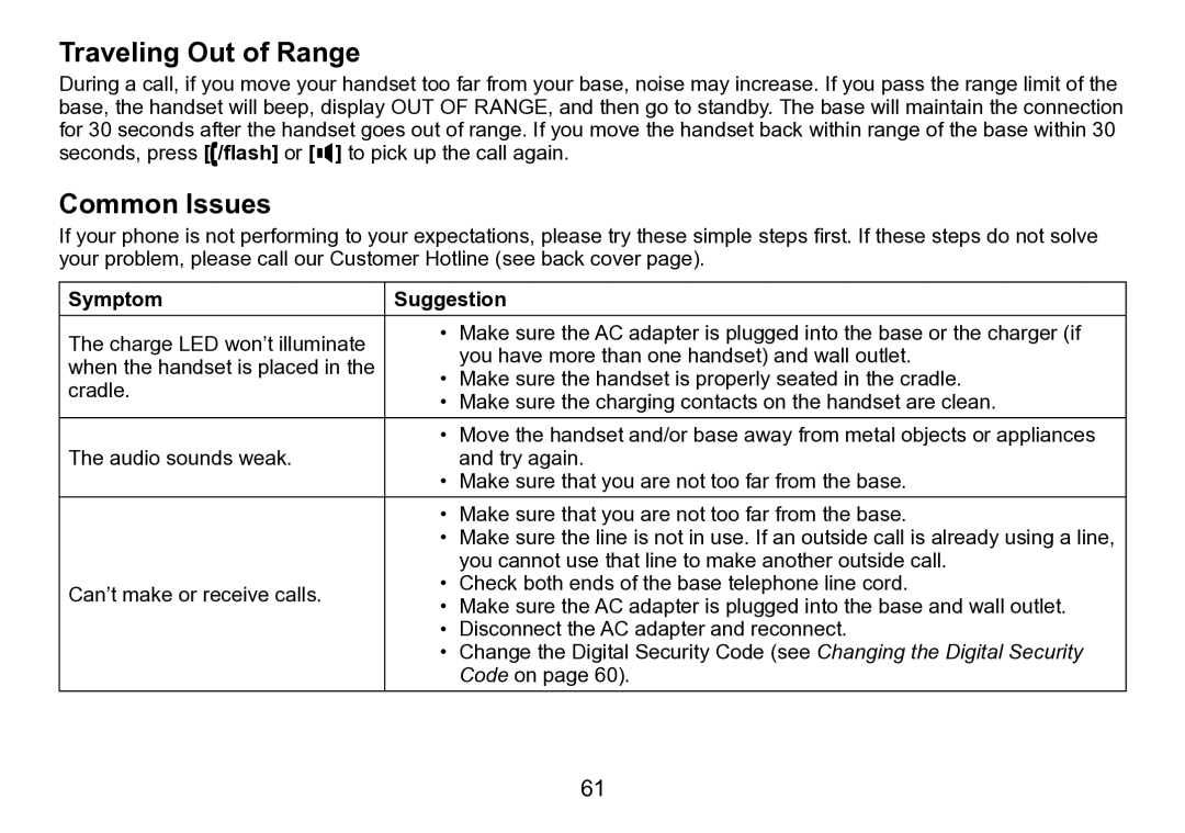 Uniden DCT758 manual Traveling Out of Range, Common Issues, Symptom Suggestion 