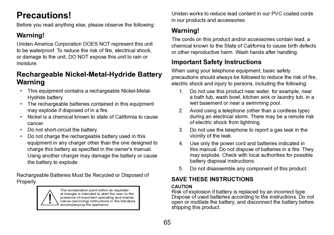 Uniden DCT758 manual Precautions, Important Safety Instructions 