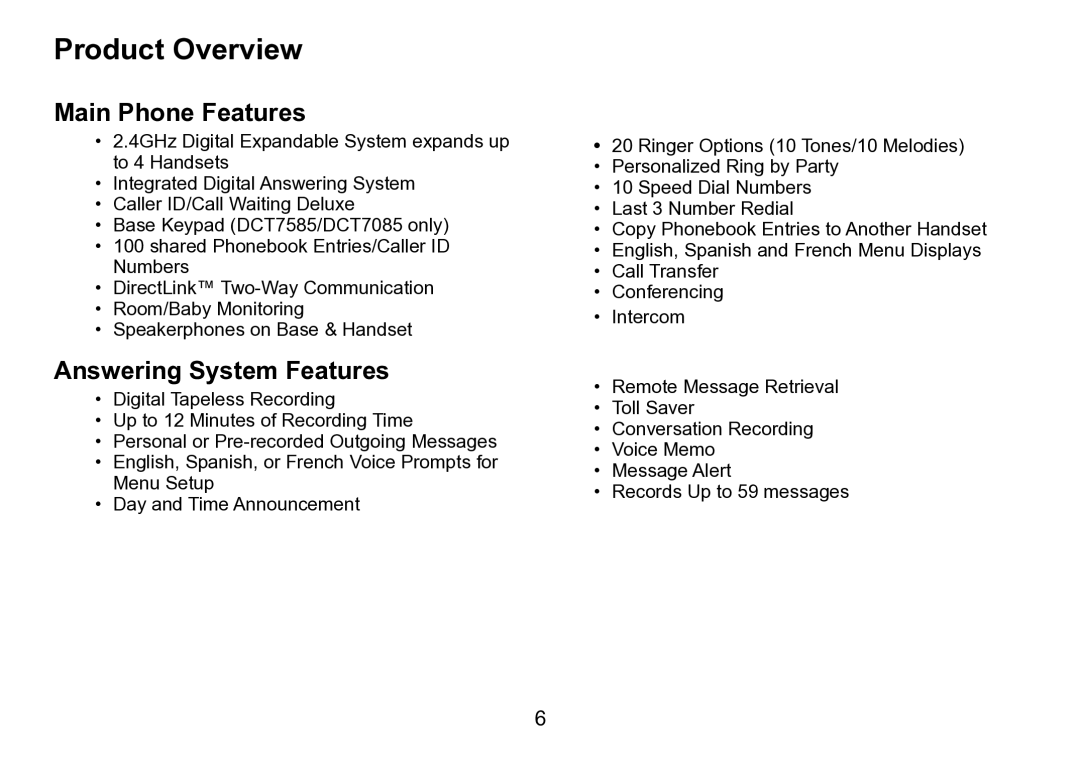 Uniden DCT758 manual Product Overview, Main Phone Features, Answering System Features 