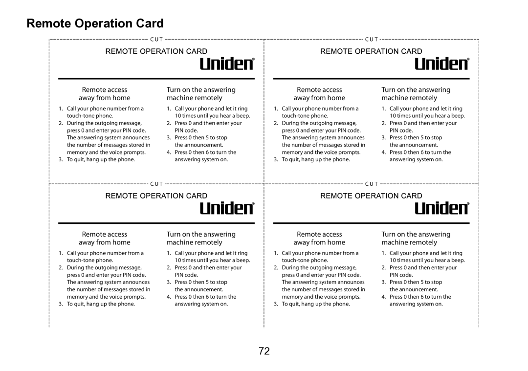 Uniden DCT758 manual Remote Operation Card, Remote access Away from home 