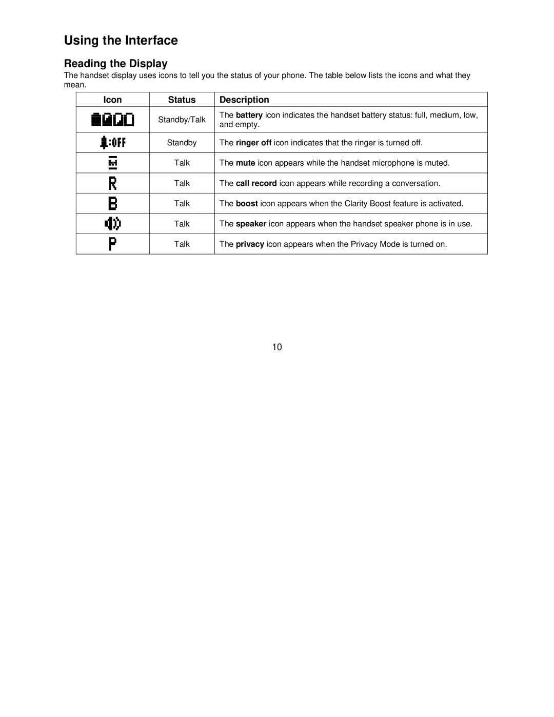 Uniden DCT7085, DCT7585 manual Using the Interface, Reading the Display, Icon Status Description 