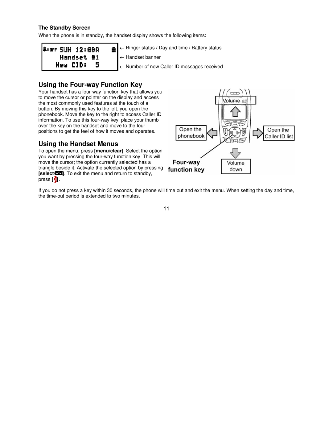 Uniden DCT7585, DCT7085 manual Using the Four-way Function Key, Using the Handset Menus, Standby Screen 