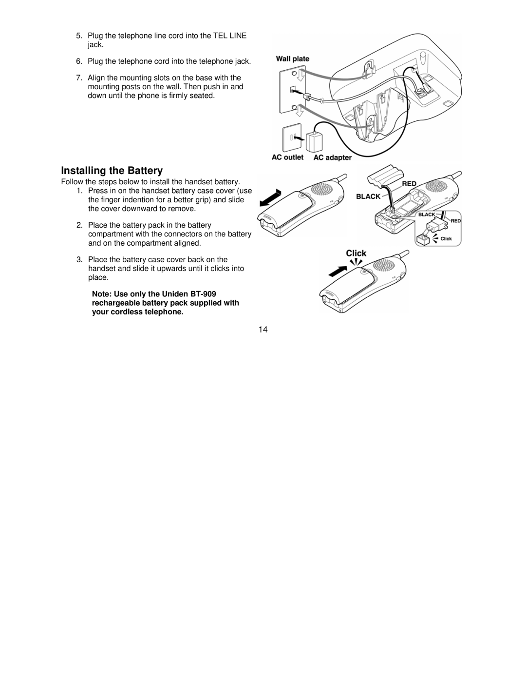 Uniden DCT7085, DCT7585 manual Installing the Battery 