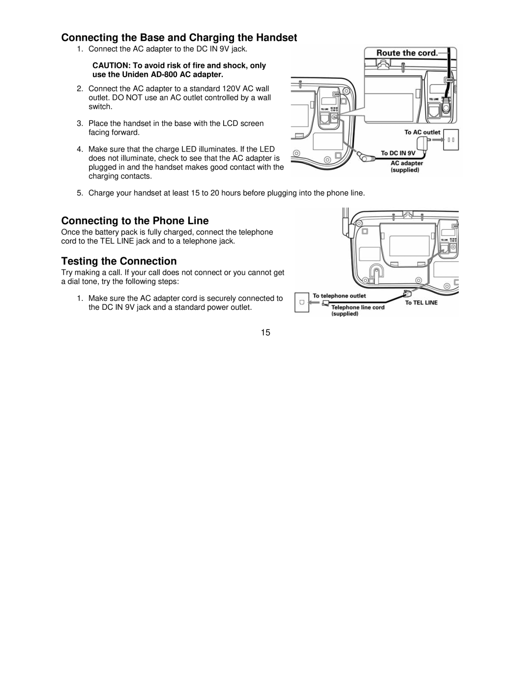 Uniden DCT7585, DCT7085 Connecting the Base and Charging the Handset, Connecting to the Phone Line, Testing the Connection 