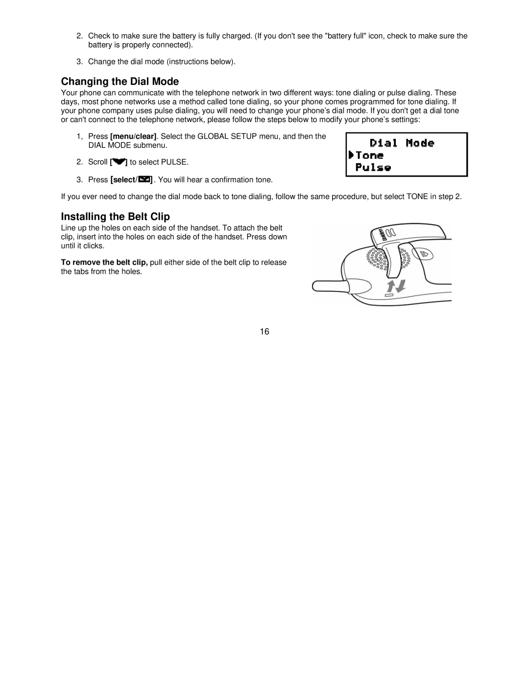 Uniden DCT7085, DCT7585 manual Changing the Dial Mode, Installing the Belt Clip 