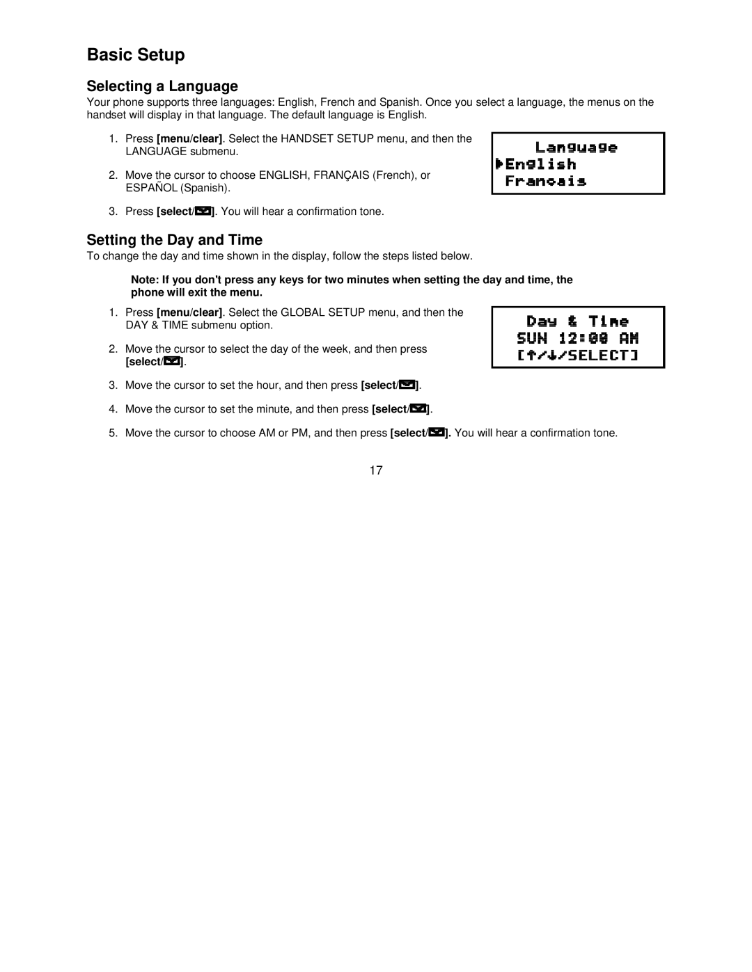 Uniden DCT7585, DCT7085 manual Basic Setup, Selecting a Language, Setting the Day and Time 