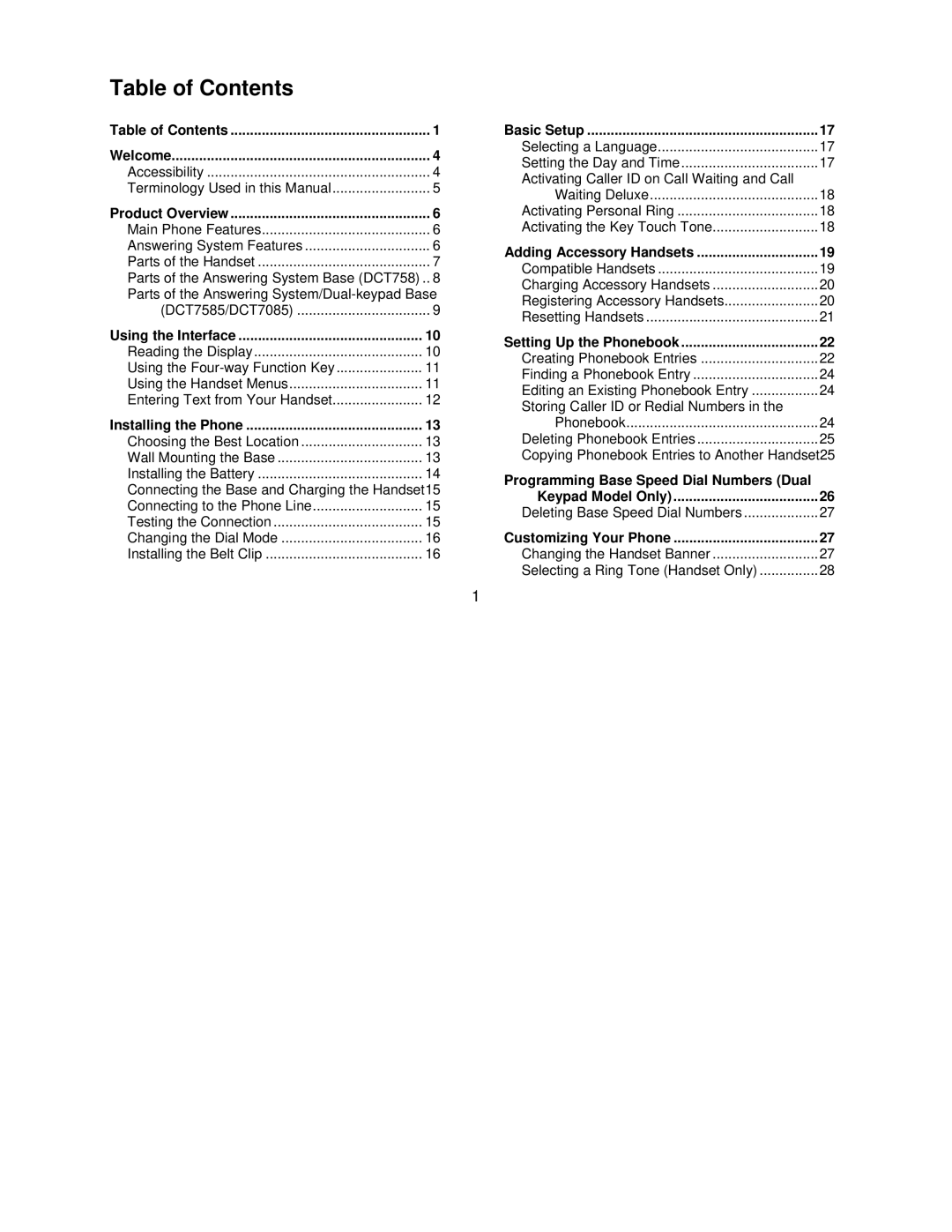 Uniden DCT7585, DCT7085 manual Table of Contents 