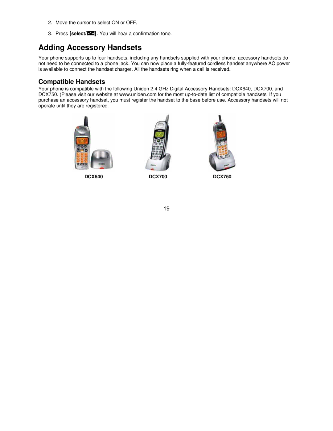 Uniden DCT7585, DCT7085 manual Adding Accessory Handsets, Compatible Handsets, DCX640 DCX700 DCX750 