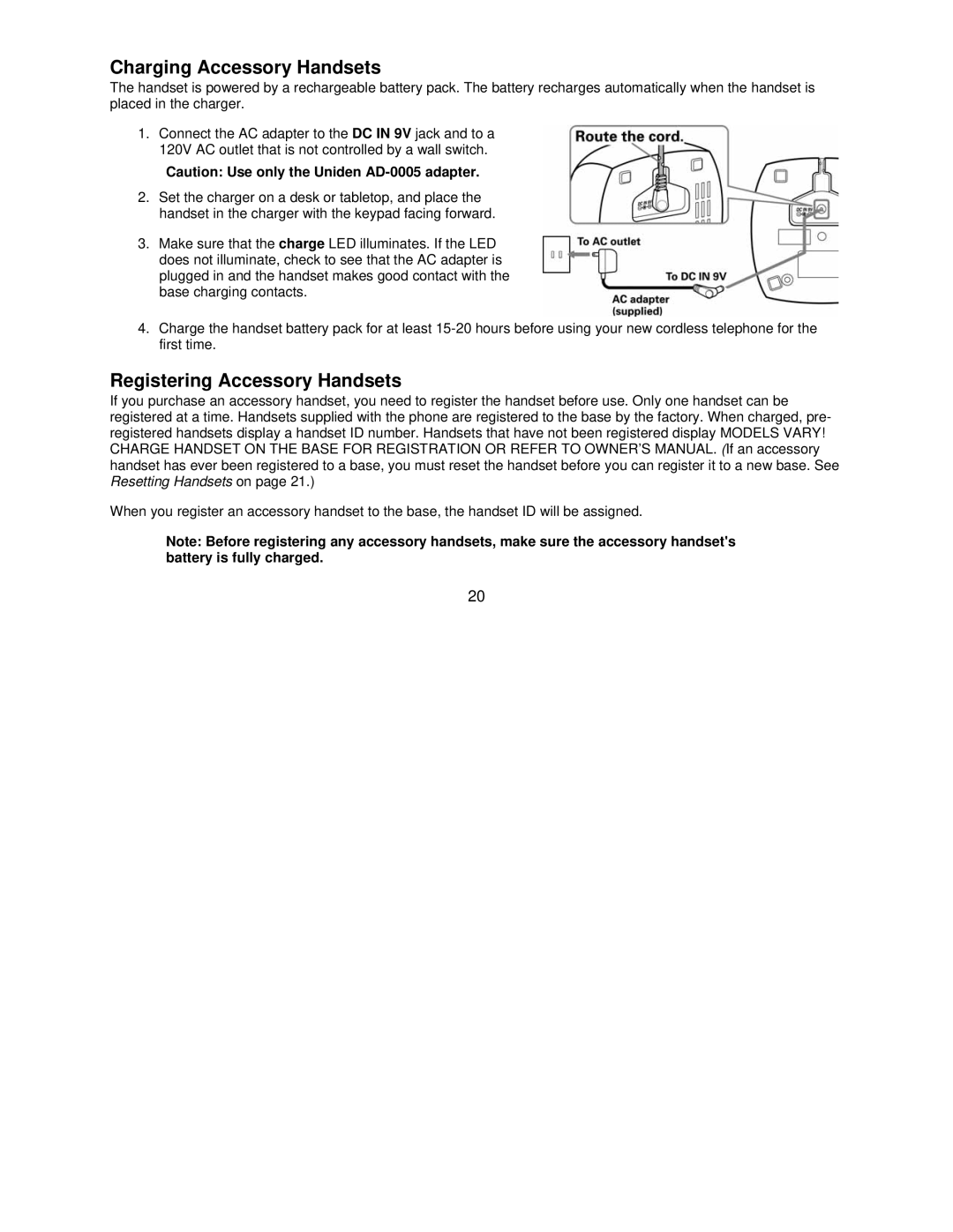 Uniden DCT7085, DCT7585 manual Charging Accessory Handsets, Registering Accessory Handsets 