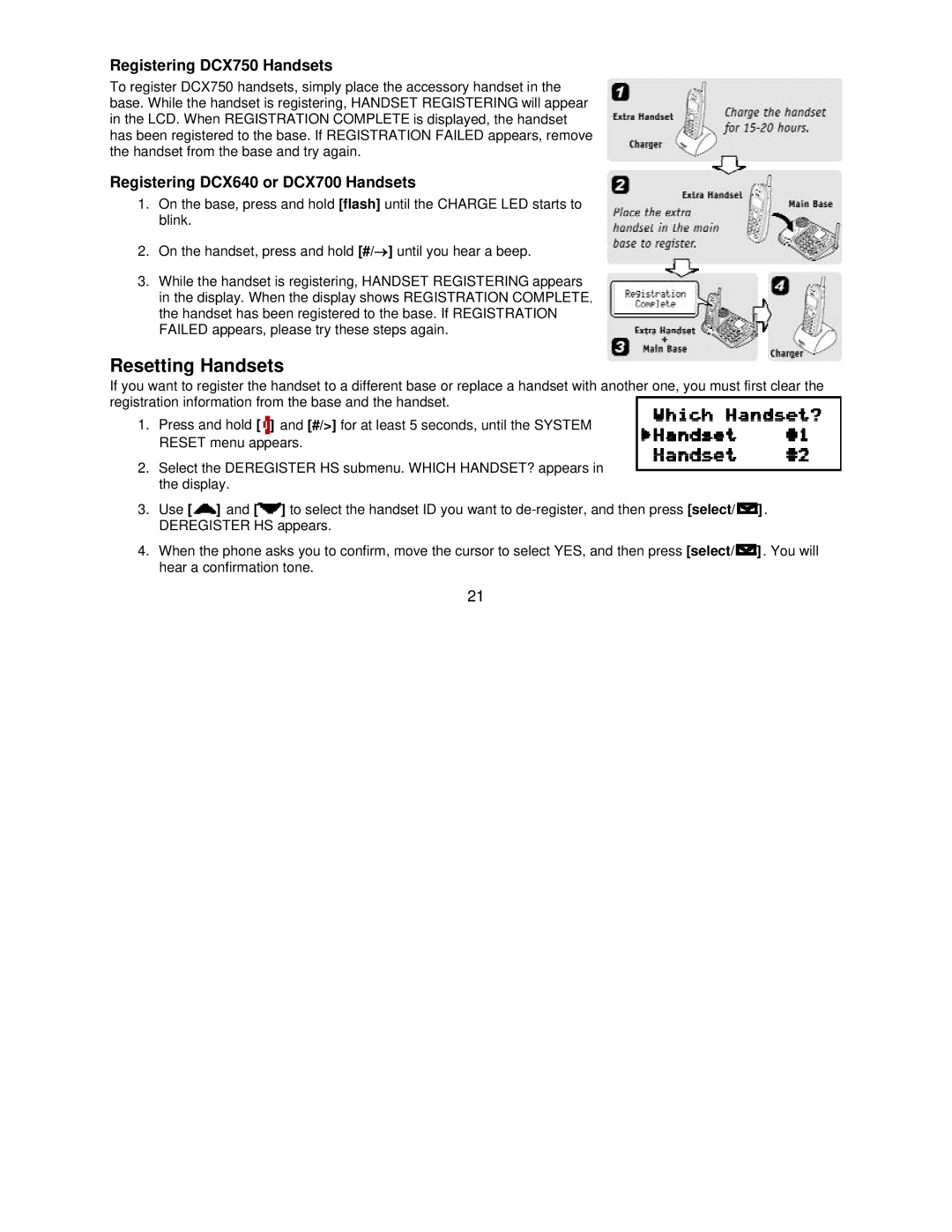 Uniden DCT7585, DCT7085 manual Resetting Handsets, Registering DCX750 Handsets, Registering DCX640 or DCX700 Handsets 